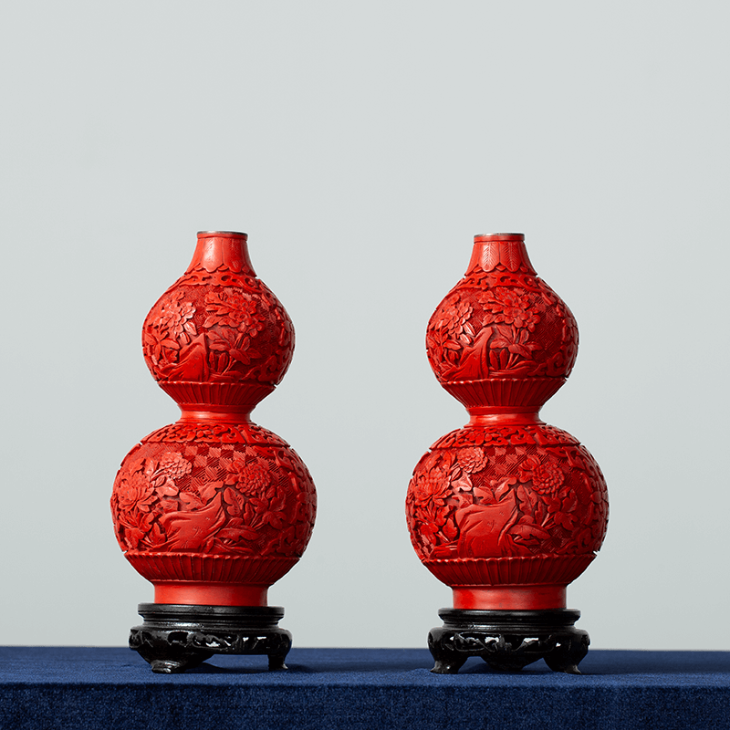 海涵堂|燕京八绝之铜胎手工雕漆葫芦瓶一对